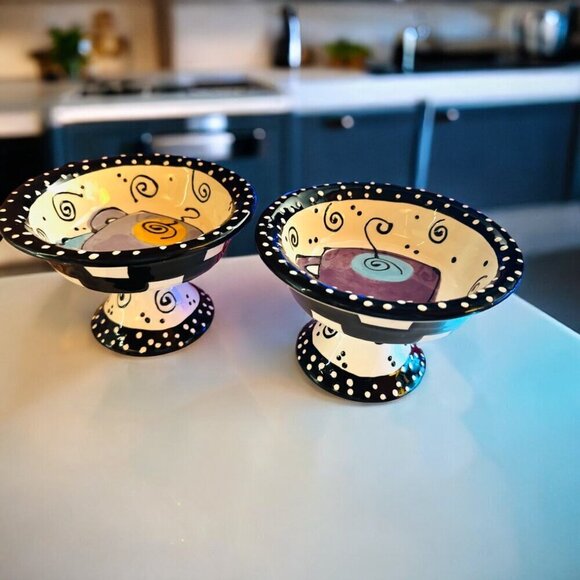 Set of 2 Bowls on Pedestal  With Love By Joanne Delomba For Lotus Purple Coffee - Picture 3 of 7